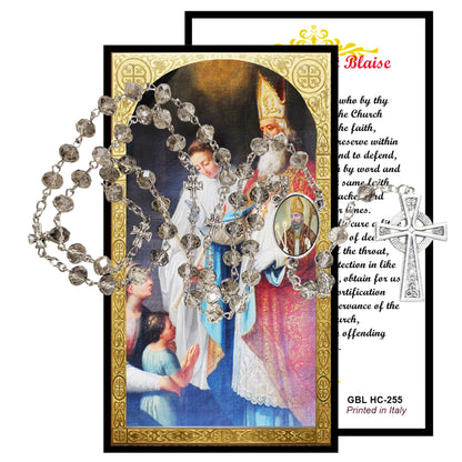 Saint Blaise Patron of Those with Throat Ailments Handcrafted Smoke Quartz Crystal Rosary with Silver‑Plated Crucifix and Color Image Centerpiece – Cross Pater Nosters and Prayer Card Included