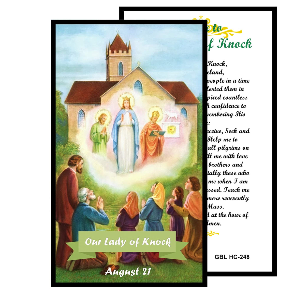 Our Lady of Knock Queen of Ireland Handcrafted rosary jet black quartz capped beads gold plated findings, crucifix, medal centerpiece with color image and a prayer card