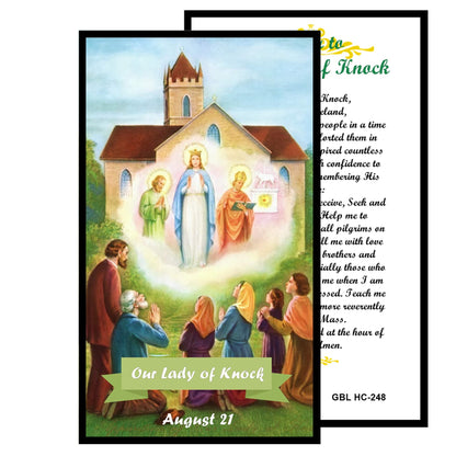 Our Lady of Knock Queen of Ireland Handcrafted rosary jet black quartz capped beads gold plated findings, crucifix, medal centerpiece with color image and a prayer card
