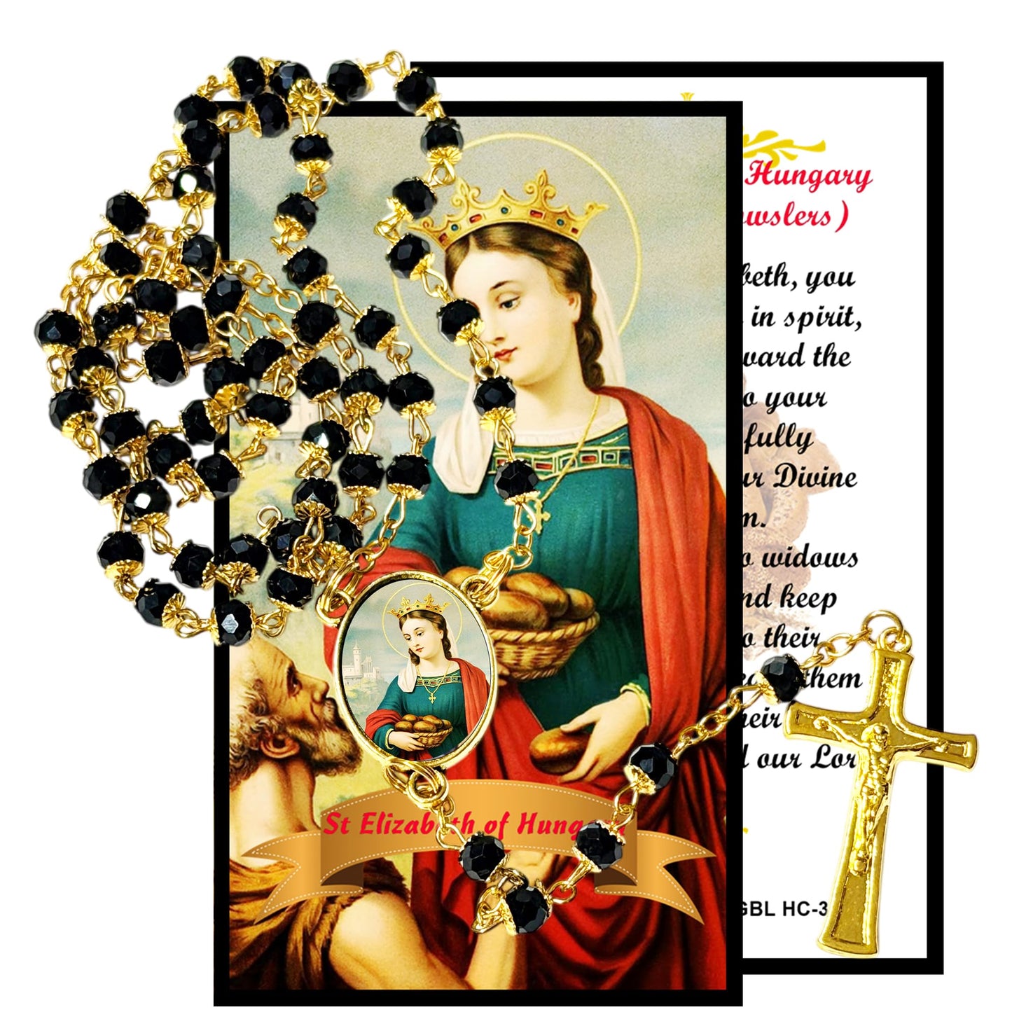 Saint Elizabeth of Hungary Patron of the Sick and Poor Handcrafted rosary jet black quartz capped beads gold plated findings, crucifix, medal centerpiece with color image and a prayer card