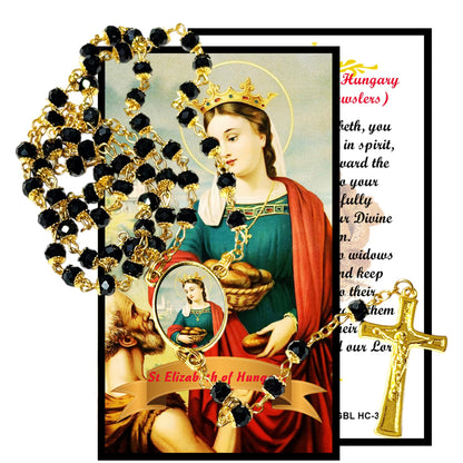 Saint Elizabeth of Hungary Patron of the Sick and Poor Handcrafted rosary jet black quartz capped beads gold plated findings, crucifix, medal centerpiece with color image and a prayer card