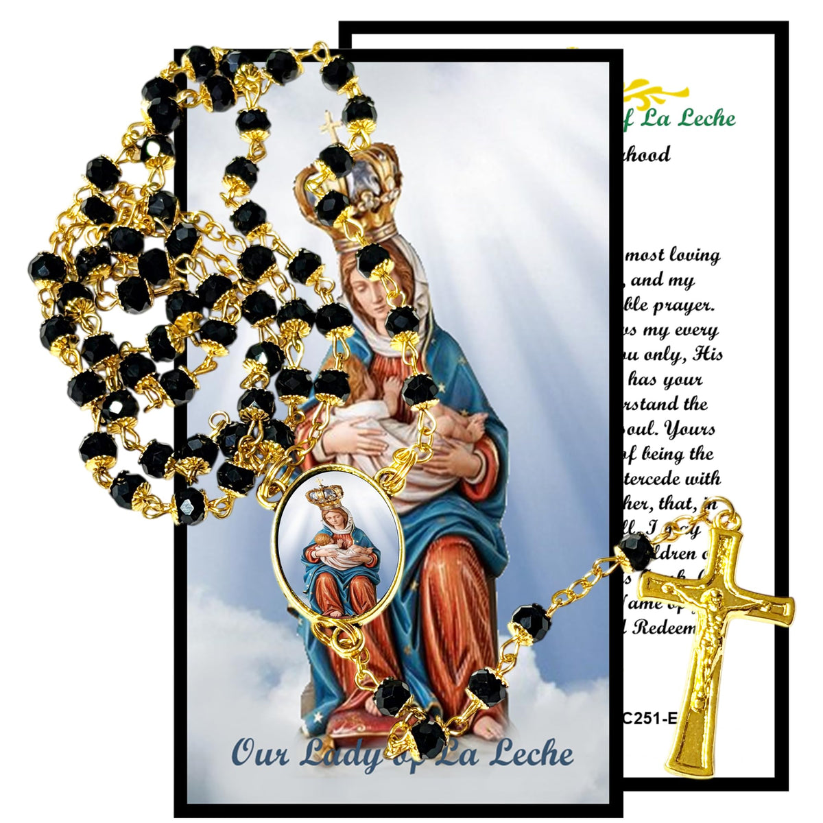 Our Lady of La Leche Patroness of Mothers and Breasfeeding Handcrafted rosary jet black quartz capped beads gold plated findings, crucifix, medal centerpiece with color image and a prayer card