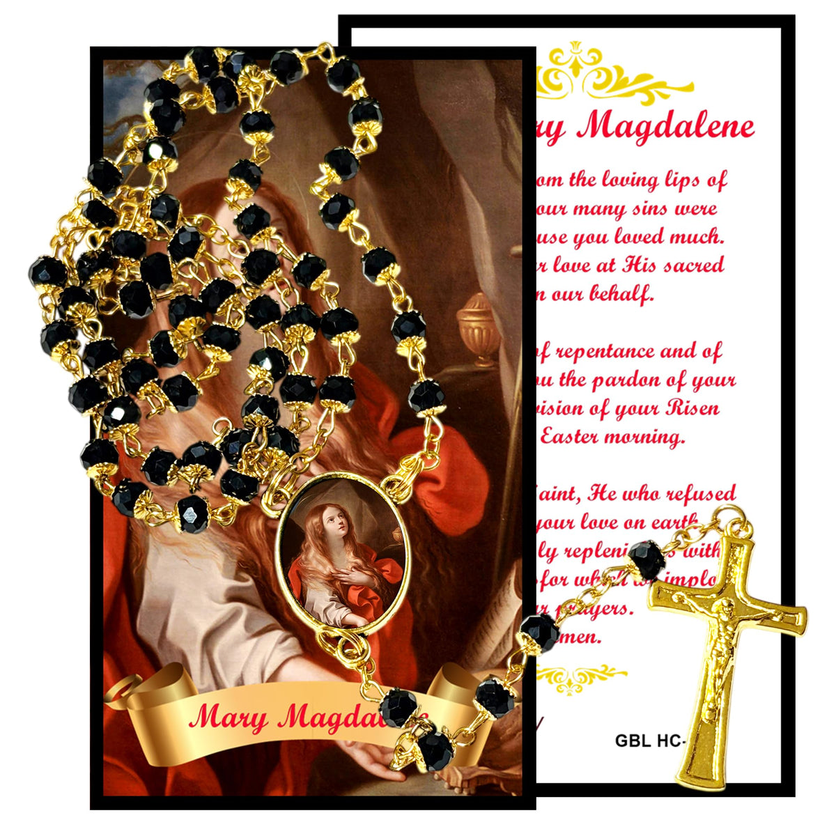 Mary Magdalene Patron Saint of Women Handcrafted rosary jet black quartz capped beads gold plated findings, crucifix, medal centerpiece with color image and a prayer card