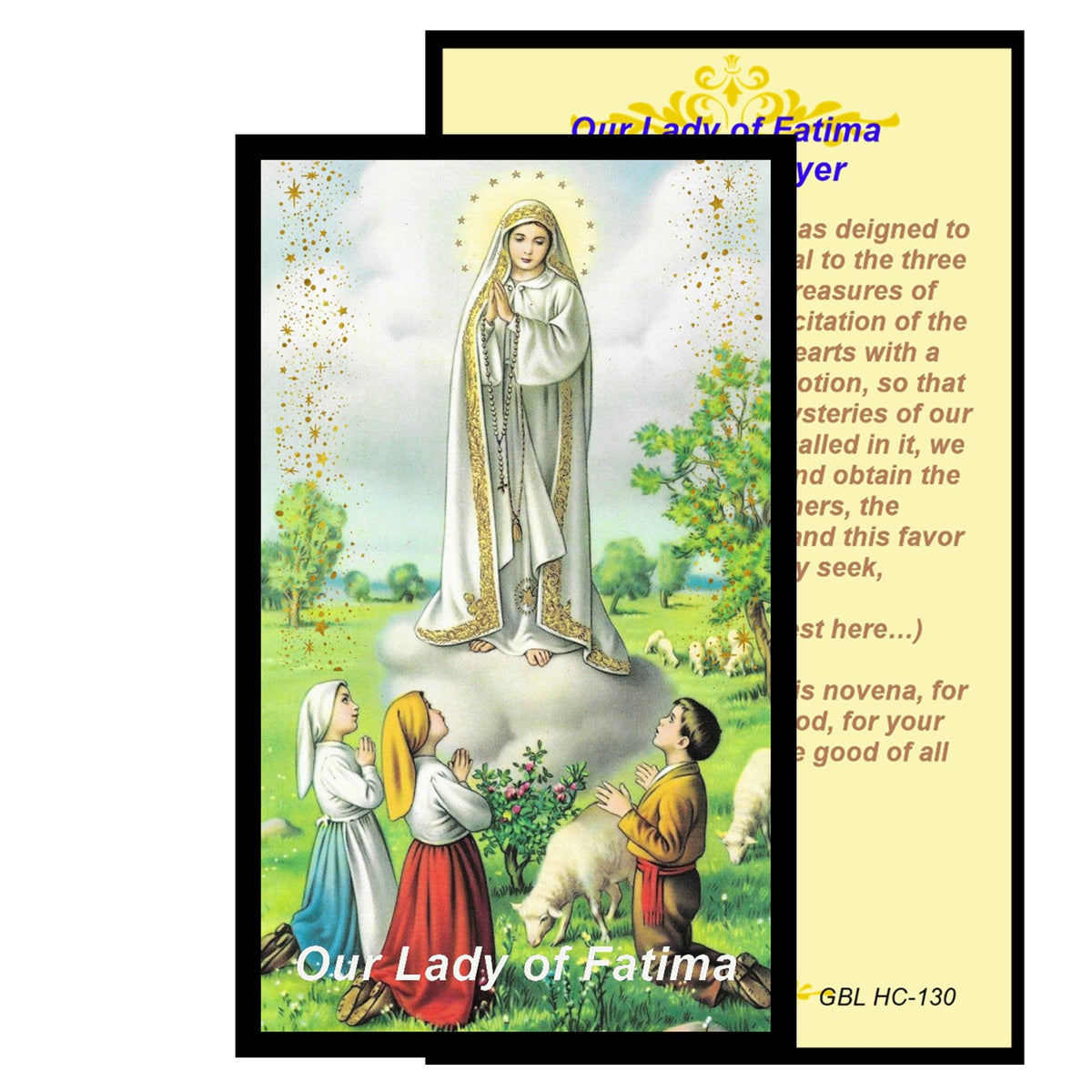 Our Lady of Fatima Handcrafted rosary jet black quartz capped beads gold plated findings, crucifix, medal centerpiece with color image and a prayer card