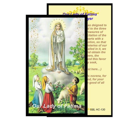Our Lady of Fatima Handcrafted rosary jet black quartz capped beads gold plated findings, crucifix, medal centerpiece with color image and a prayer card