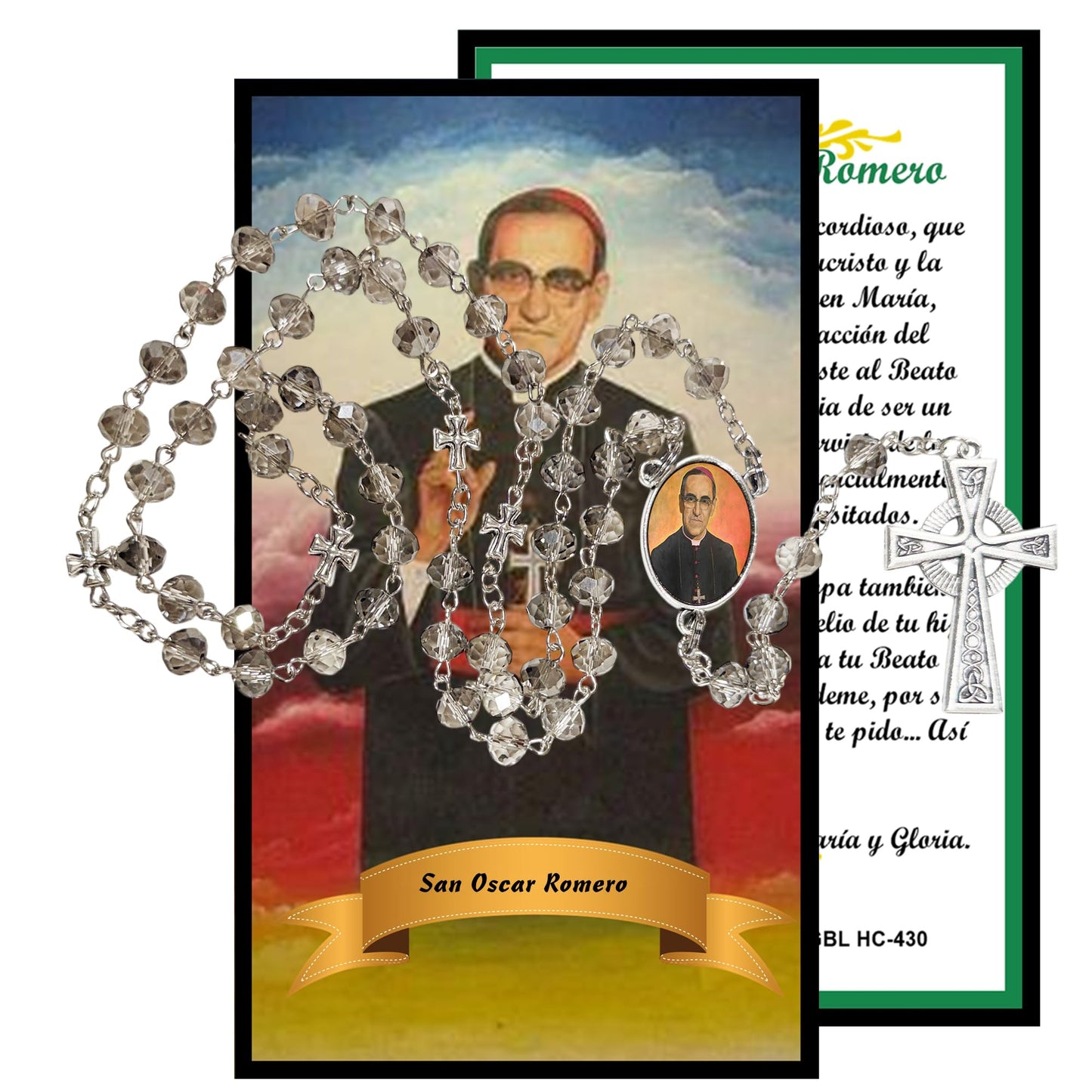 San Oscar Romero Arzobispo de San Salvador Rosario artesanal de cristal de cuarzo ahumado con crucifijo bañado en plata y centro con imagen a color – crucifijos por Padre Nuestros y postal de rezo EN ESPANOL