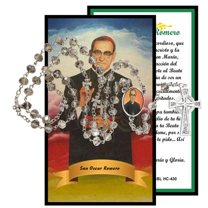 San Oscar Romero Arzobispo de San Salvador Rosario artesanal de cristal de cuarzo ahumado con crucifijo bañado en plata y centro con imagen a color – crucifijos por Padre Nuestros y postal de rezo EN ESPANOL