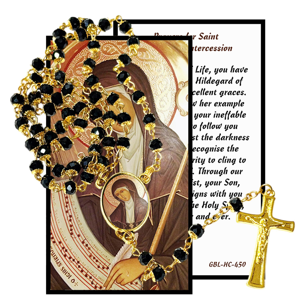 Saint Hildegard von Bingen Sibyl of the Rhine Handcrafted rosary jet black quartz capped beads gold plated findings, crucifix, medal centerpiece with color image and a prayer card