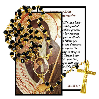 Saint Hildegard von Bingen Sibyl of the Rhine Handcrafted rosary jet black quartz capped beads gold plated findings, crucifix, medal centerpiece with color image and a prayer card