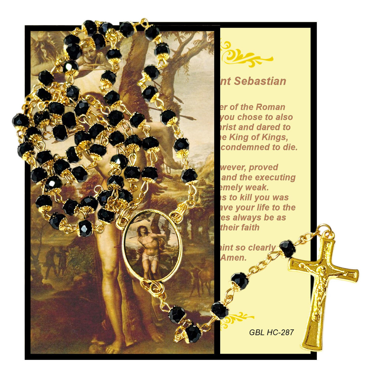 Saint Sebastian Patron of Athletes Handcrafted rosary jet black quartz capped beads gold plated findings, crucifix, medal centerpiece with color image and a prayer card