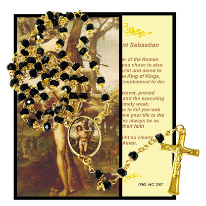 Saint Sebastian Patron of Athletes Handcrafted rosary jet black quartz capped beads gold plated findings, crucifix, medal centerpiece with color image and a prayer card