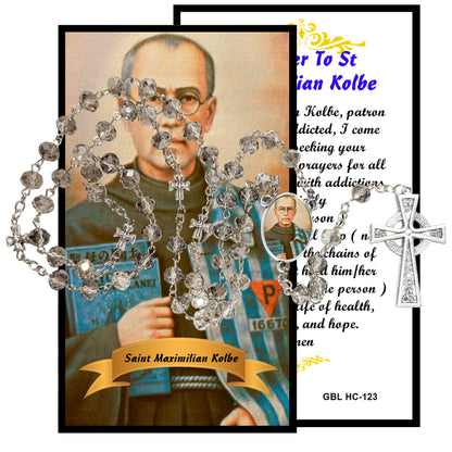 Saint Maximilian Kolbe Patron of Those with Addictions Handcrafted Smoke Quartz Crystal Rosary with Silver‑Plated Crucifix and Color Image Centerpiece – Cross Pater Nosters and Prayer Card Included