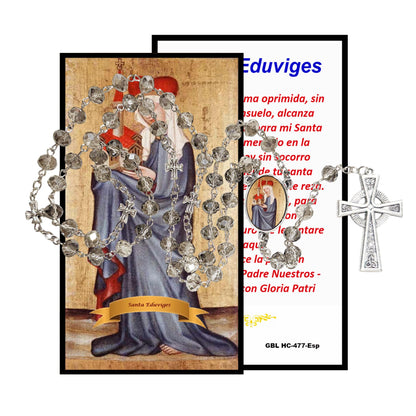 Santa Eduviges generosidad y servicio a los necesitados Rosario artesanal de cristal de cuarzo ahumado con crucifijo bañado en plata y centro con imagen a color – crucifijos por Padre Nuestros y postal de rezo EN ESPANOL LA ORACION PARA LA SERENIDAD