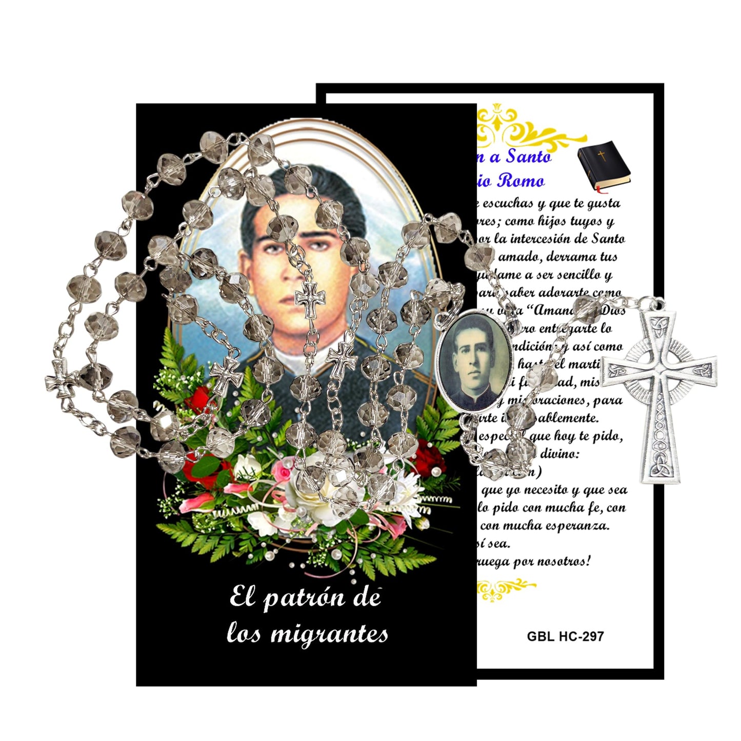 Santo Toribio Romo Patron de los Migrantes Rosario artesanal de cristal de cuarzo ahumado con crucifijo bañado en plata y centro con imagen a color – crucifijos por Padre Nuestros y postal de rezo EN ESPANOL