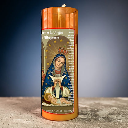 Saint Altagracia Flameless LED Acrylic Pillar Candle with Flickering Flame Battery Operated great for places where an open flame is not allowed hospitals nursing homes dorms-Batteries included