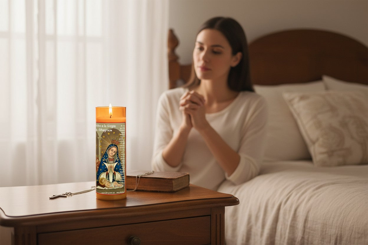 Saint Altagracia Flameless LED Acrylic Pillar Candle with Flickering Flame Battery Operated great for places where an open flame is not allowed hospitals nursing homes dorms-Batteries included