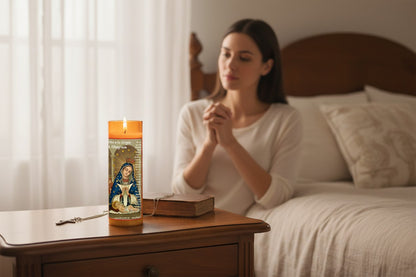 Saint Altagracia Flameless LED Acrylic Pillar Candle with Flickering Flame Battery Operated great for places where an open flame is not allowed hospitals nursing homes dorms-Batteries included