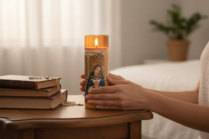 Saint Altagracia Flameless LED Acrylic Pillar Candle with Flickering Flame Battery Operated great for places where an open flame is not allowed hospitals nursing homes dorms-Batteries included