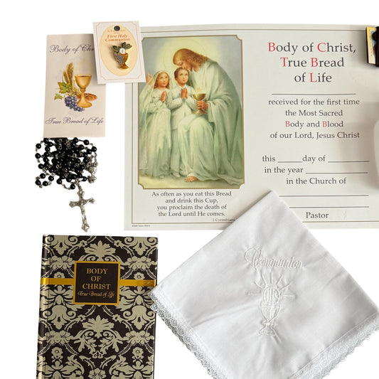 Memories First Holy Communion Set for Boys or Girls Book Rosary Scapular Pin Certificate Handkerchief