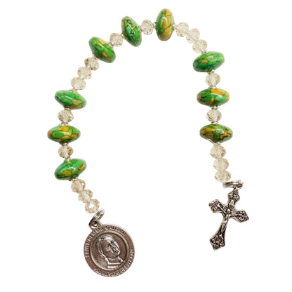 Saint Gemma Galgani Chaplet Prayer Card for Back Pain– Green Beads with Sparkle of Gold Color