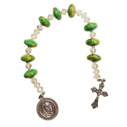 Saint Gemma Galgani Chaplet Prayer Card for Back Pain– Green Beads with Sparkle of Gold Color