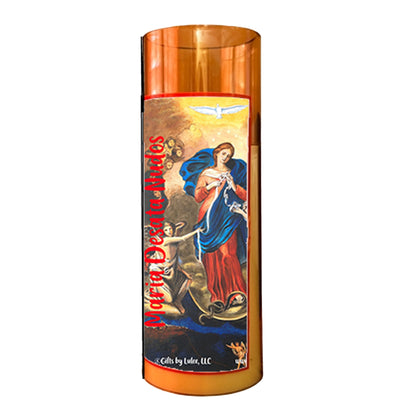 Our Lady of Knots La Virgen Desatanudos LED Acrylic Pillar Candle with Flickering Flame Battery Operated great for places where an open flame is not allowed hospitals nursing homes dorms-Batteries included