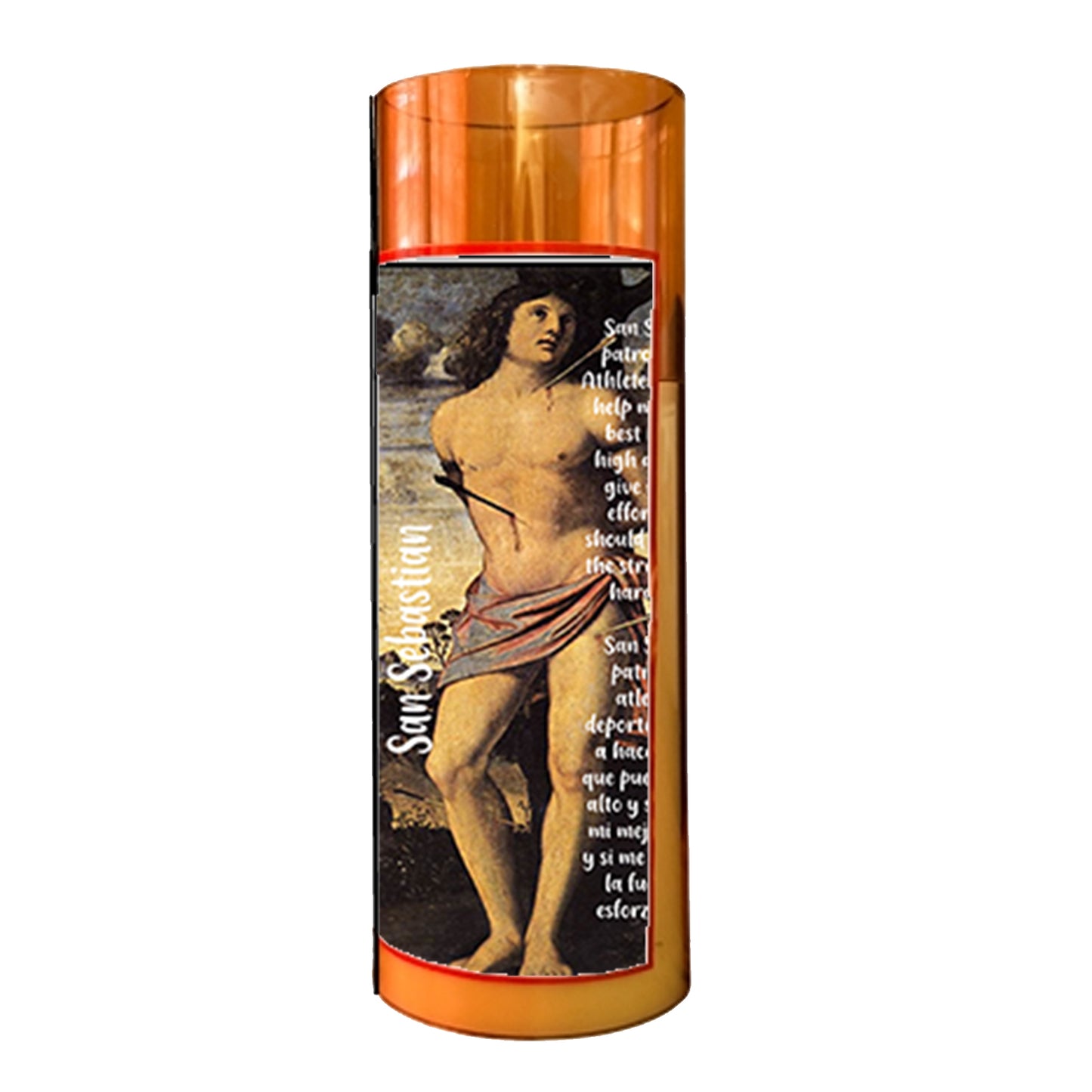Saint Sebastian LED Acrylic Pillar Candle with Flickering Flame Battery Operated great for places where an open flame is not allowed hospitals nursing homes dorms-Batteries included