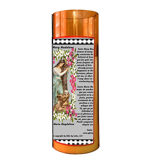 Saint Mary Magdalene LED Acrylic Pillar Candle with Flickering Flame Battery Operated great for places where an open flame is not allowed hospitals nursing homes dorms-Batteries included