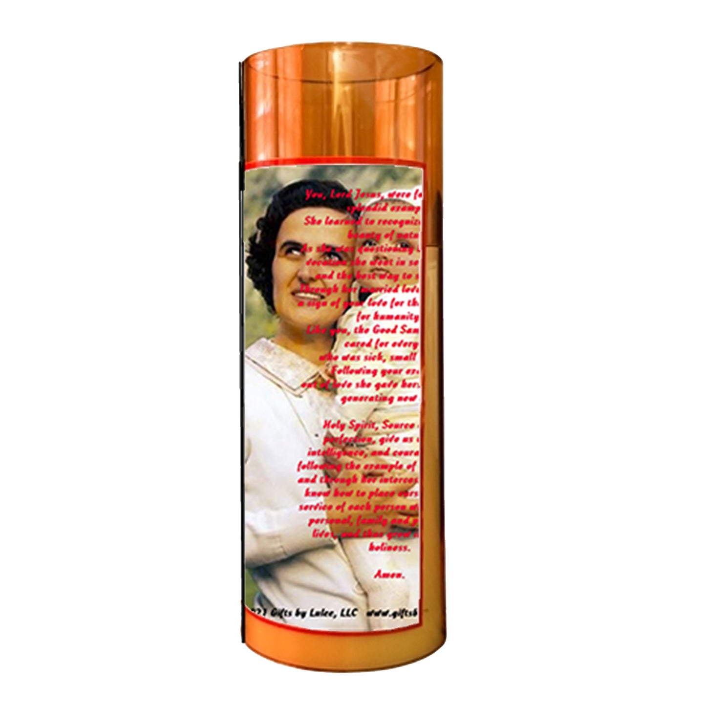 Saint Gianna Beretta Molla LED Acrylic Pillar Candle with Flickering Flame Battery Operated great for places where an open flame is not allowed hospitals nursing homes dorms-Batteries included