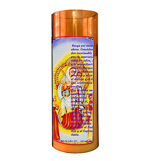 Our Lady of the Rosary of Chiquinquirá LED Acrylic Pillar Candle with Flickering Flame Battery Operated great for places where an open flame is not allowed hospitals nursing homes dorms-Batteries included