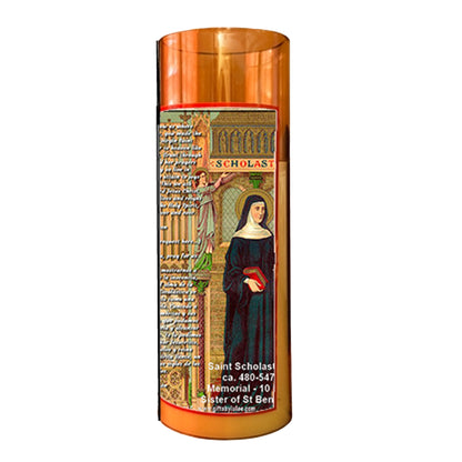 Saint Scholastica LED Acrylic Pillar Candle with Flickering Flame Battery Operated great for places where an open flame is not allowed hospitals nursing homes dorms-Batteries included