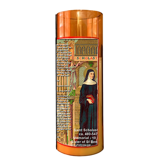 Saint Scholastica LED Acrylic Pillar Candle with Flickering Flame Battery Operated great for places where an open flame is not allowed hospitals nursing homes dorms-Batteries included