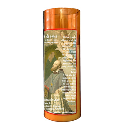 Saint Francis de Sales LED Acrylic Pillar Candle with Flickering Flame Battery Operated great for places where an open flame is not allowed hospitals nursing homes dorms-Batteries included
