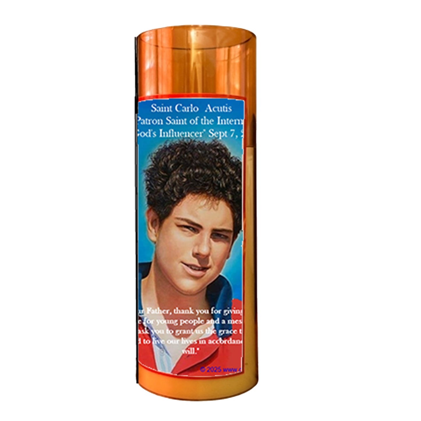 Saint Carlo Acutis LED Acrylic Pillar Candle with Flickering Flame Battery Operated great for places where an open flame is not allowed hospitals nursing homes dorms-Batteries included
