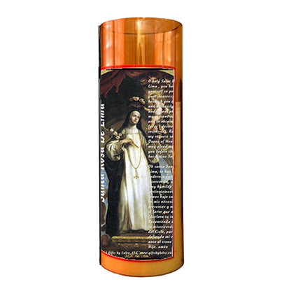 Saint Rose of Lima LED Acrylic Pillar Candle with Flickering Flame Battery Operated great for places where an open flame is not allowed hospitals nursing homes dorms-Batteries included