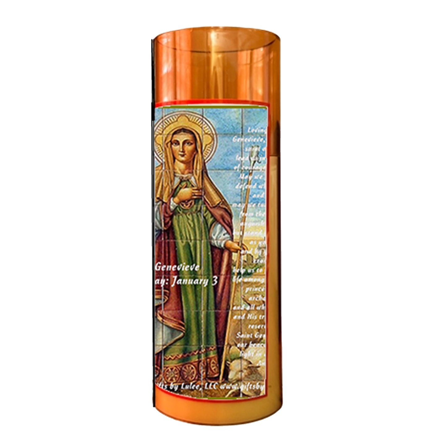 Saint Genevieve LED Acrylic Pillar Candle with Flickering Flame Battery Operated great for places where an open flame is not allowed hospitals nursing homes dorms-Batteries included