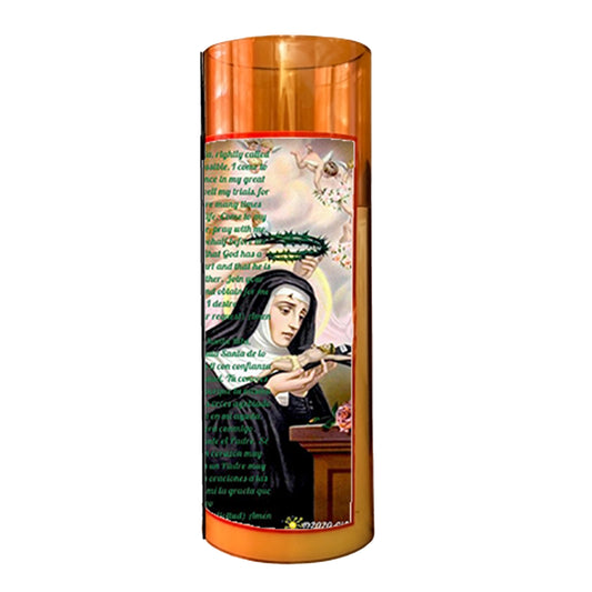 Saint Rita LED Acrylic Pillar Candle with Flickering Flame Battery Operated great for places where an open flame is not allowed hospitals nursing homes dorms-Batteries included