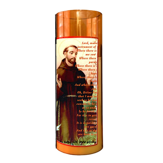 Saint Francis LED Acrylic Pillar Candle with Flickering Flame Battery Operated great for places where an open flame is not allowed hospitals nursing homes dorms-Batteries included