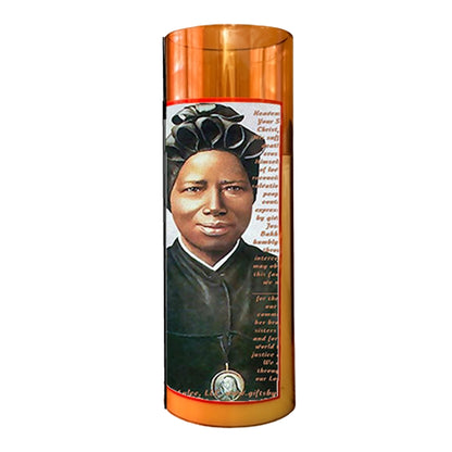 Saint Josephine Bakhita LED Acrylic Pillar Candle with Flickering Flame Battery Operated great for places where an open flame is not allowed hospitals nursing homes dorms-Batteries included