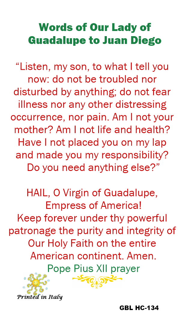 Words of Our Lady of Guadalupe Prayer Card Blessed by His Holiness