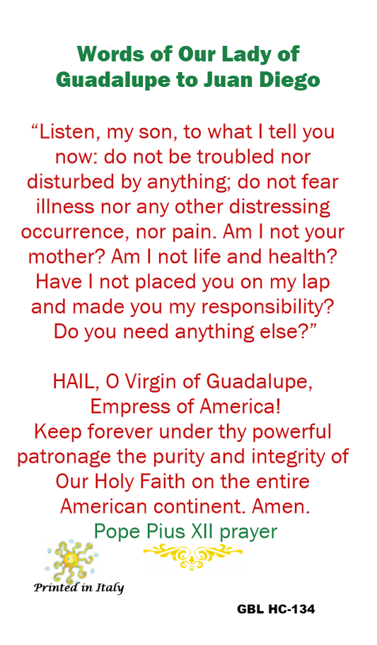 Words of Our Lady of Guadalupe Prayer Card Blessed by His Holiness