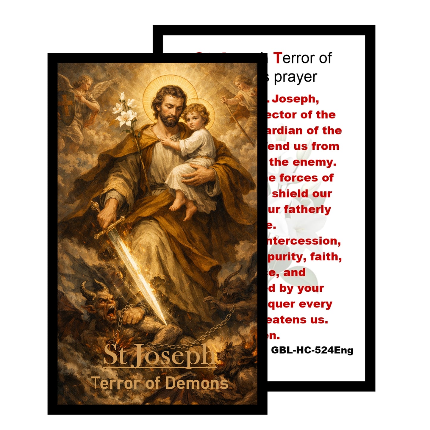 Saint Joseph “Terror of Demons” prayer card and medal set featuring vivid artwork of St Joseph with Child Jesus and lily, includes protective prayer, perfect devotional gift for home or travel