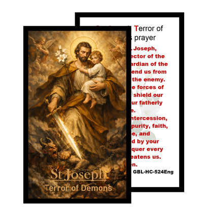 Saint Joseph “Terror of Demons” prayer card and medal set featuring vivid artwork of St Joseph with Child Jesus and lily, includes protective prayer, perfect devotional gift for home or travel