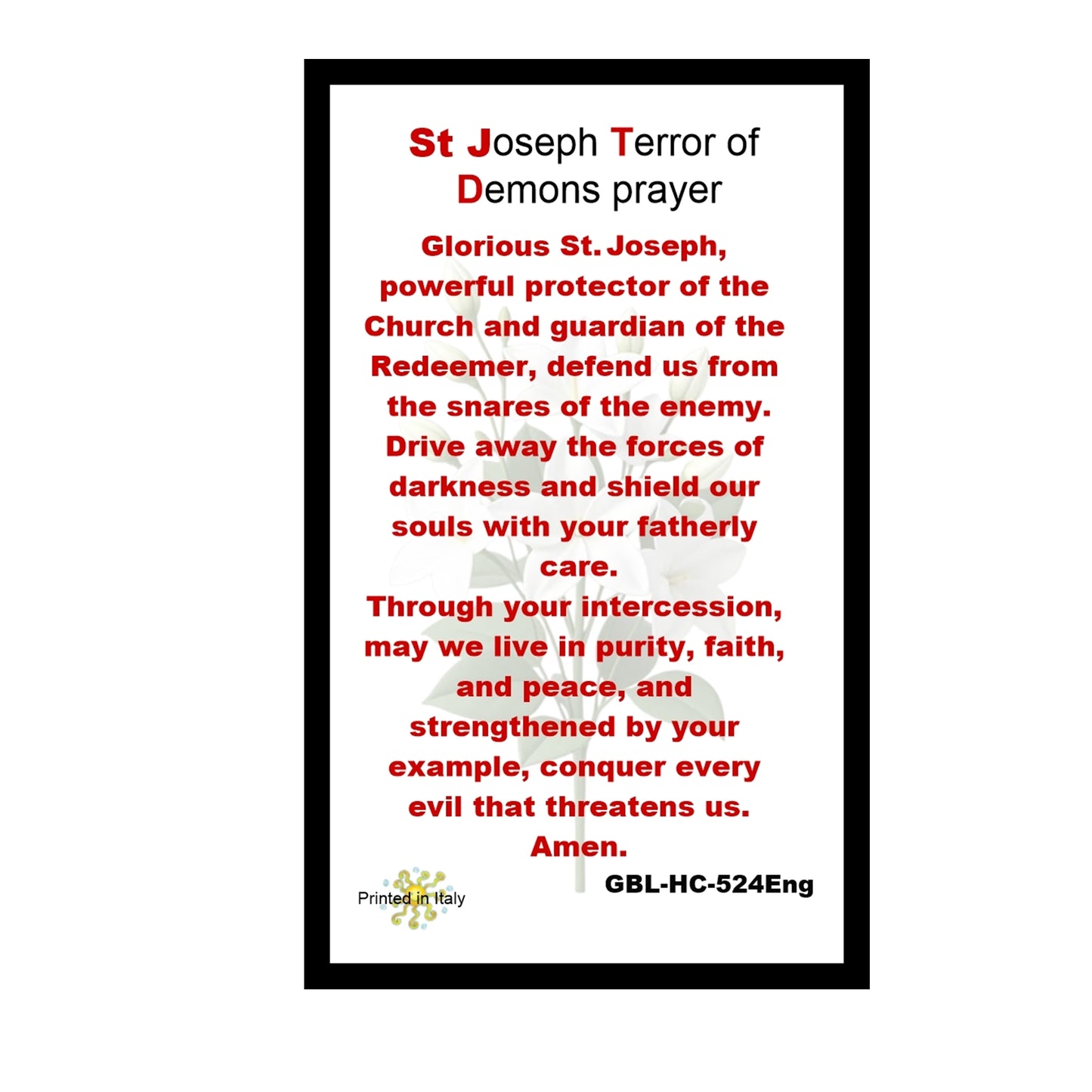 Saint Joseph “Terror of Demons” prayer card and medal set featuring vivid artwork of St Joseph with Child Jesus and lily, includes protective prayer, perfect devotional gift for home or travel