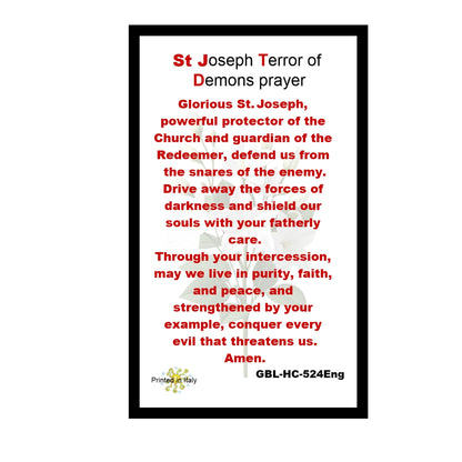 Saint Joseph “Terror of Demons” prayer card and medal set featuring vivid artwork of St Joseph with Child Jesus and lily, includes protective prayer, perfect devotional gift for home or travel