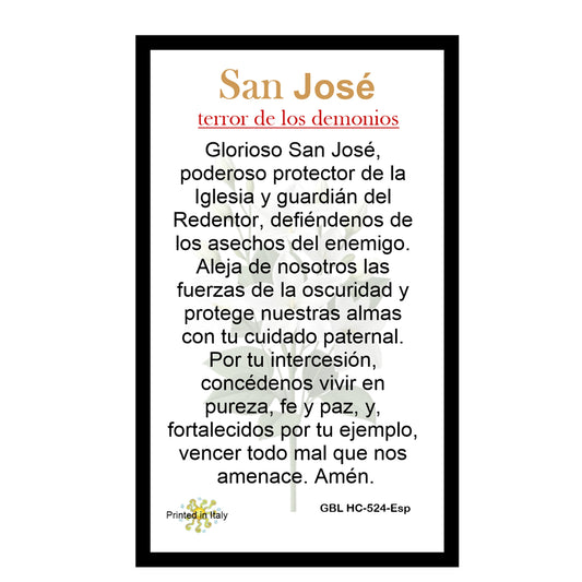 Saint Joseph “Terror of Demons” prayer card and medal set featuring vivid artwork of St Joseph with Child Jesus and lily, includes protective prayer, perfect devotional gift for home or travel