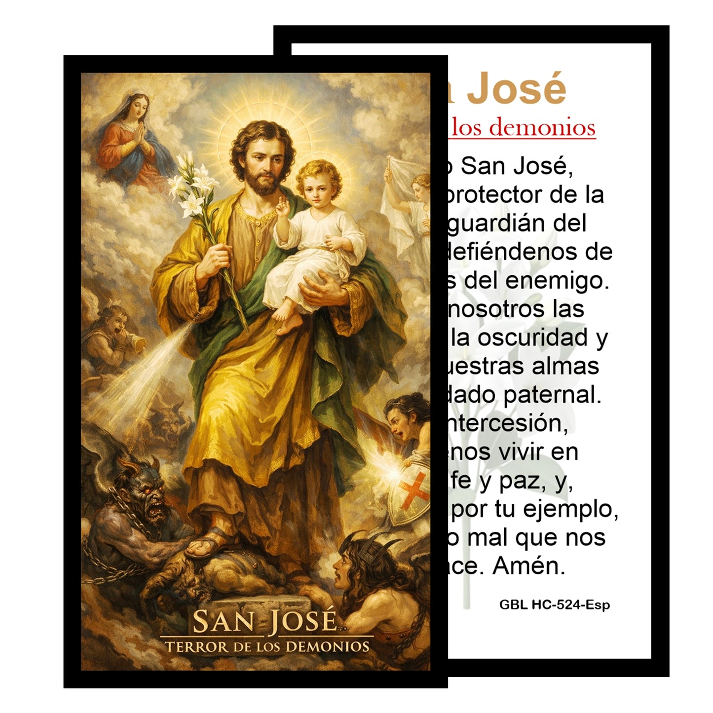 Saint Joseph “Terror of Demons” prayer card and medal set featuring vivid artwork of St Joseph with Child Jesus and lily, includes protective prayer, perfect devotional gift for home or travel