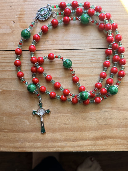 Stunning Hand Made Red and Green Glass Bead Rosary with Our Lady of Guadalupe Centerpiece