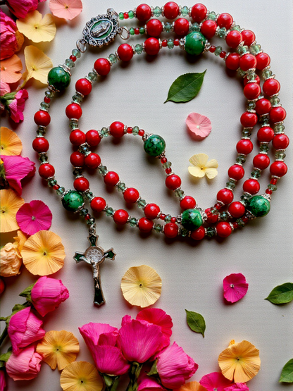 Stunning Hand Made Red and Green Glass Bead Rosary with Our Lady of Guadalupe Centerpiece