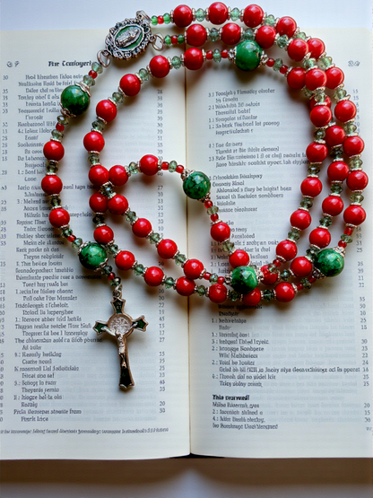 Stunning Hand Made Red and Green Glass Bead Rosary with Our Lady of Guadalupe Centerpiece